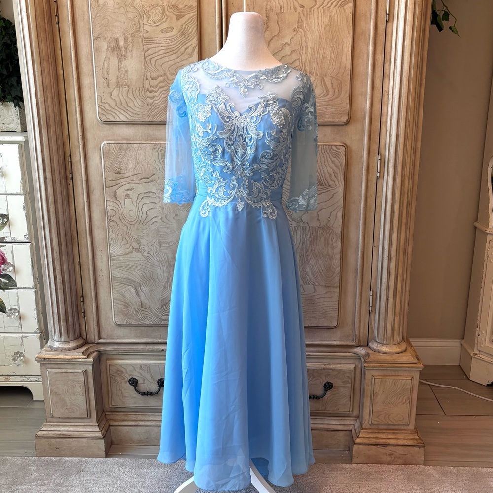 NEW, Blue Dress, Mother of the Bride, Gender Reveal, Chiffon, NWOT, Size L/14 - Picture 3 of 13